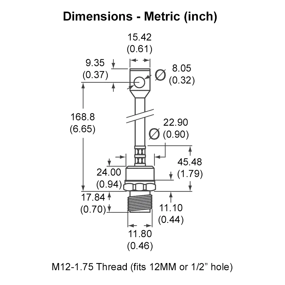 696024 – Stud Mount Diode, 150A, M12 (1/2″) Stud, 600 PRV Positive Base w/Pigtail (Cathode Stud)