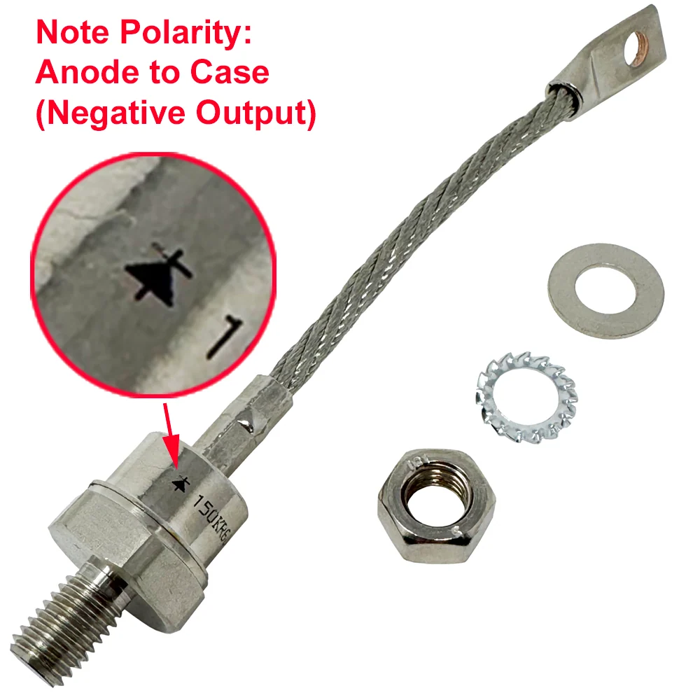 696025 – Stud Mount Diode, 150A, M12 (1/2″) Stud, 600 PRV Negative Base w/Pigtail (Anode Stud)