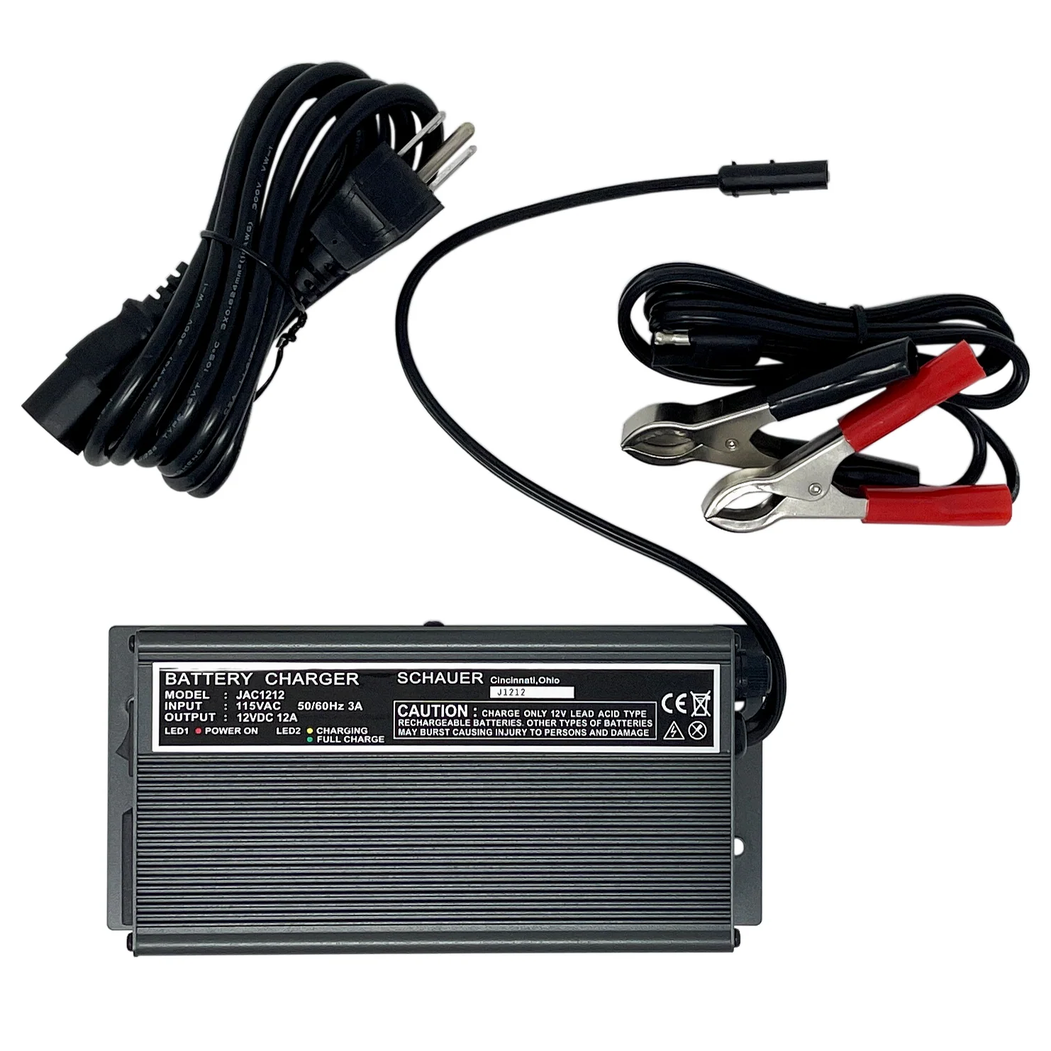 JAC1212-C – Schauer 12V, 12A Fully Automatic Electronic Charger/Maintainer – 115VAC – Battery Clips