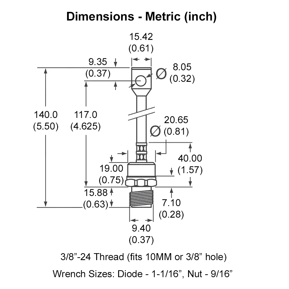 696029 – Stud Mount Diode, 150A, 3/8″ Stud, 600 PRV Negative (Anode Stud) w/Pigtail